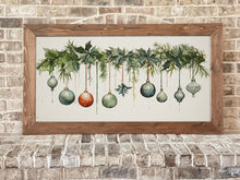 Load image into Gallery viewer, Holiday Wall Art - Framed Ornaments &amp; Pine Garland
