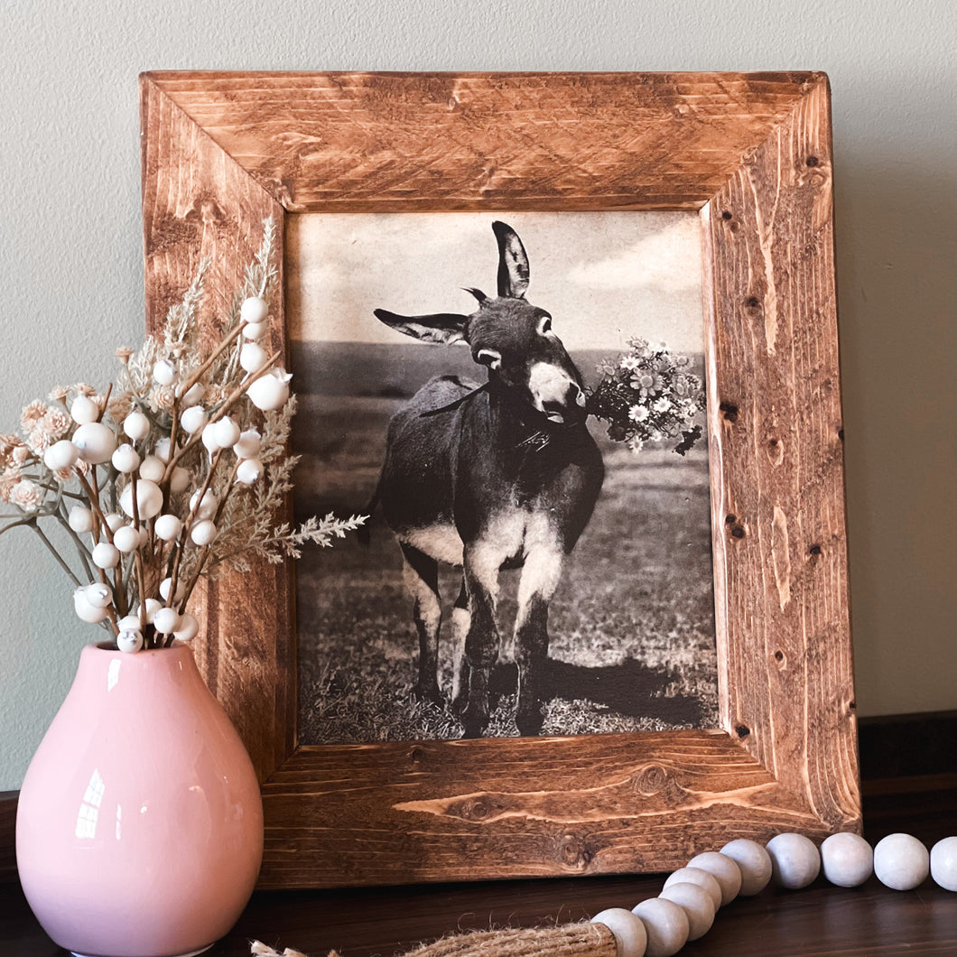 Donkey with Flowers Framed Vintage Picture